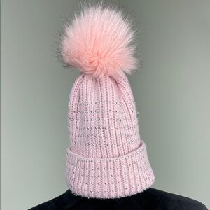 New York & Company Pink Knit Beanie with Pom Pom Ladies